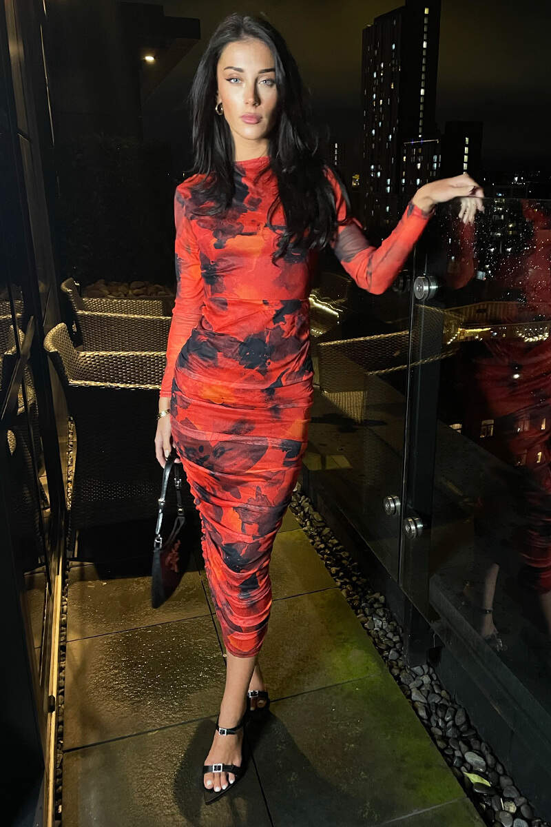 Red Printed Mesh Long Sleeve Bodycon Midi Dress