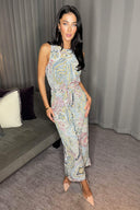 Multi Printed Sleeveless Knot Front Jumpsuit