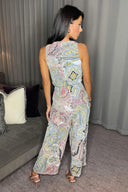 Multi Printed Sleeveless Knot Front Jumpsuit