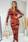 Rust Printed Wrap Top Mesh Long Sleeve Bodycon Midi Dress