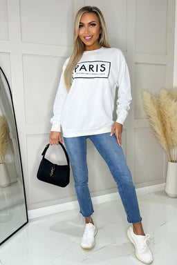 White Paris Slogan Crew Neck Sweatshirt
