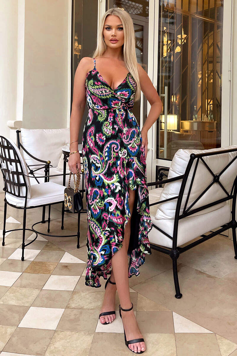 Multi Printed Wrap Over Strappy Midi Dress