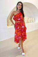 Pink And Orange Frill Detail Dipped Hem Skirt