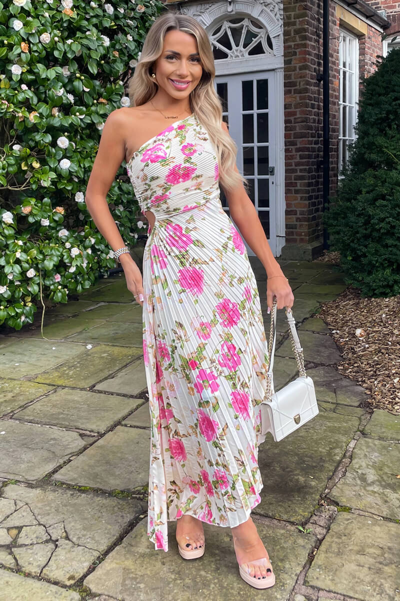 Cream and Pink Floral Print One Shoulder Pleated Satin Midi Dress