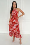Red Floral Printed Frill Hem High Neck Midi Dress