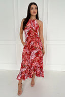 Red Floral Printed Frill Hem High Neck Midi Dress