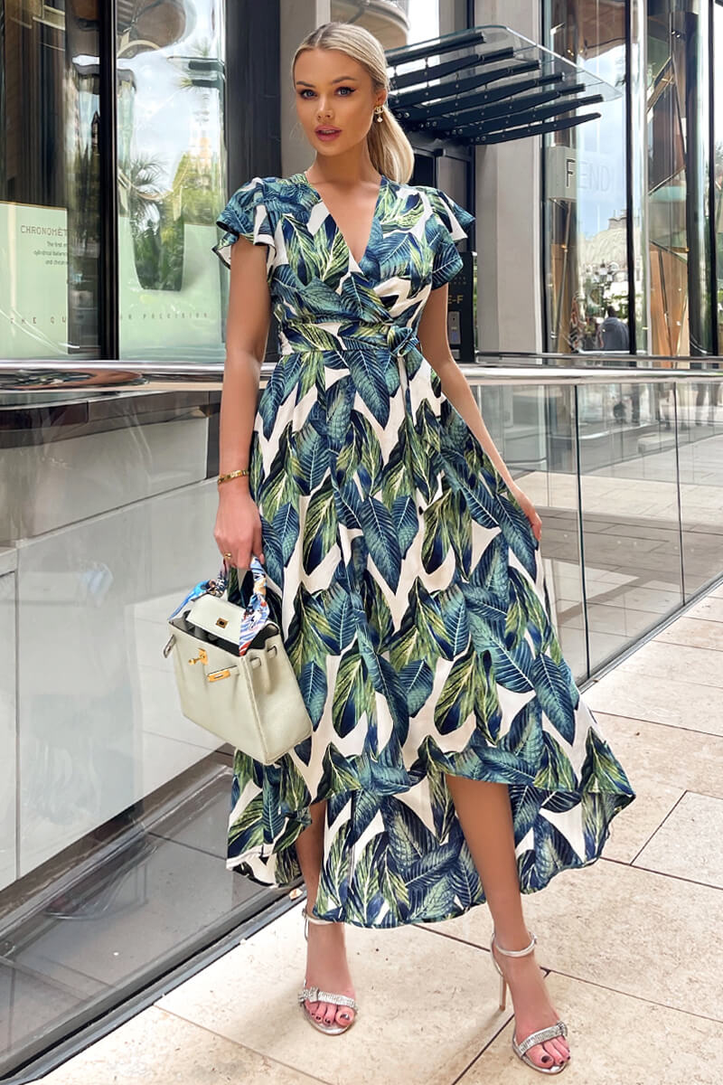 Blue Leaf Print Short Sleeve Belted Wrap Midi Dress