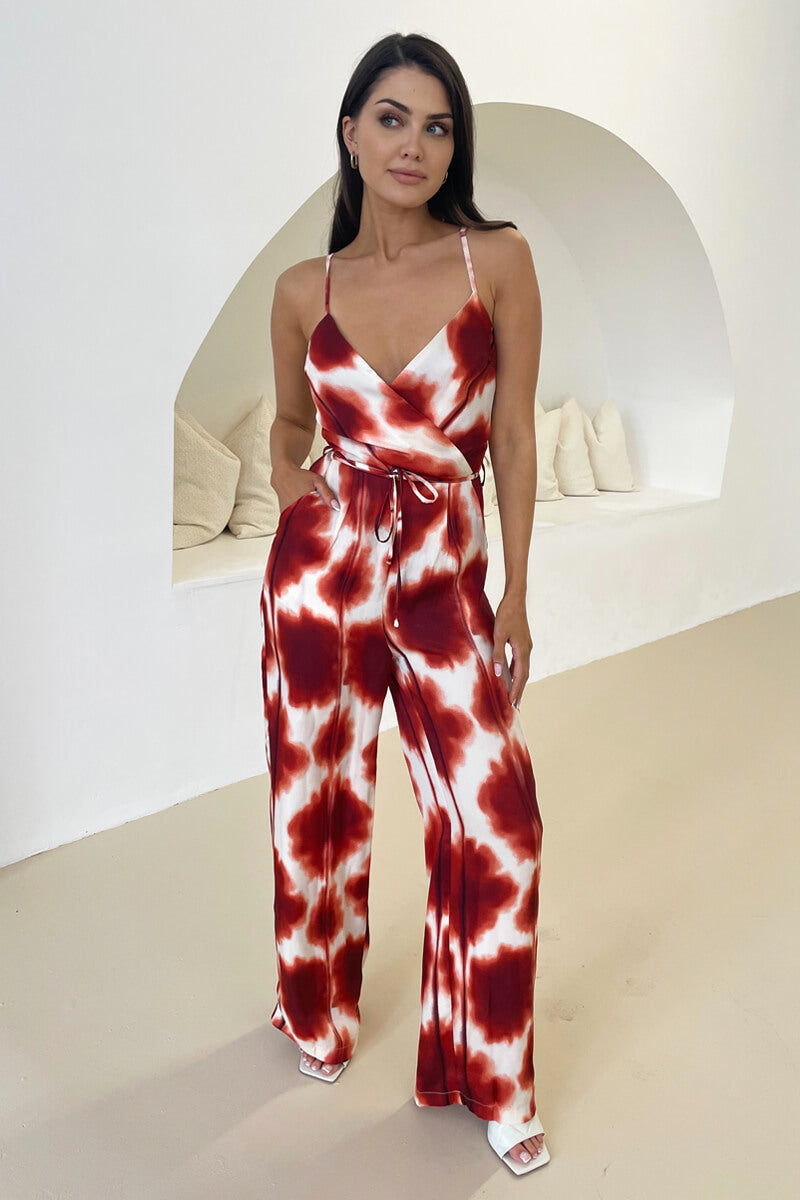 Rust Printed Strappy Tie Waist Jumpsuit