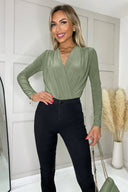 Khaki Wrap Top Long Sleeve Slinky Bodysuit