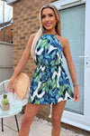 Blue Leaf Print Sleeveless Drawstring Playsuit