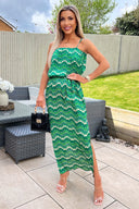 Green Abstract Printed Tie Waist Strappy Midi Dress