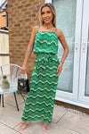 Green Abstract Printed Tie Waist Strappy Midi Dress