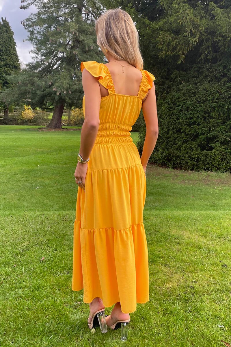 Yellow Frill Strap Tiered Midi Dress