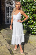 White Broderie Frill Hem Midi Dress