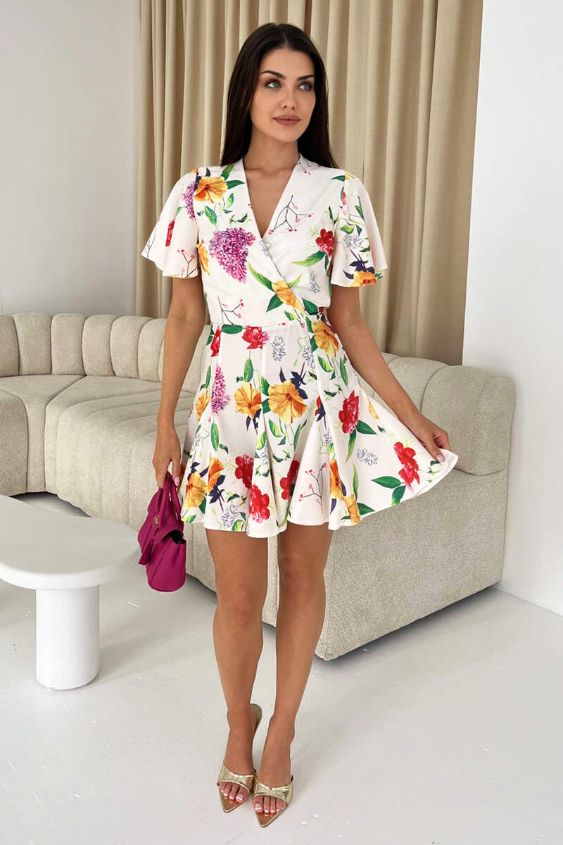 Cream Floral Printed Wrap Top Skater Dress