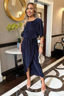 Navy Short Sleeve Tie Waist Plisse Midi Dress