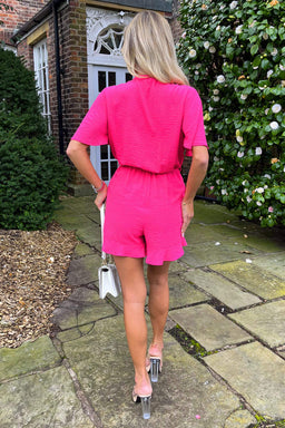 Pink Butterfly Sleeve Wrap Top Tie Waist Playsuit