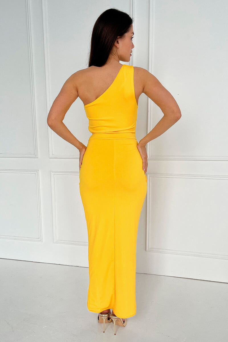 Yellow One Shoulder Wrap Draped Midi Dress