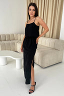 Black Tie Waist Strappy Split Leg Midi Dress