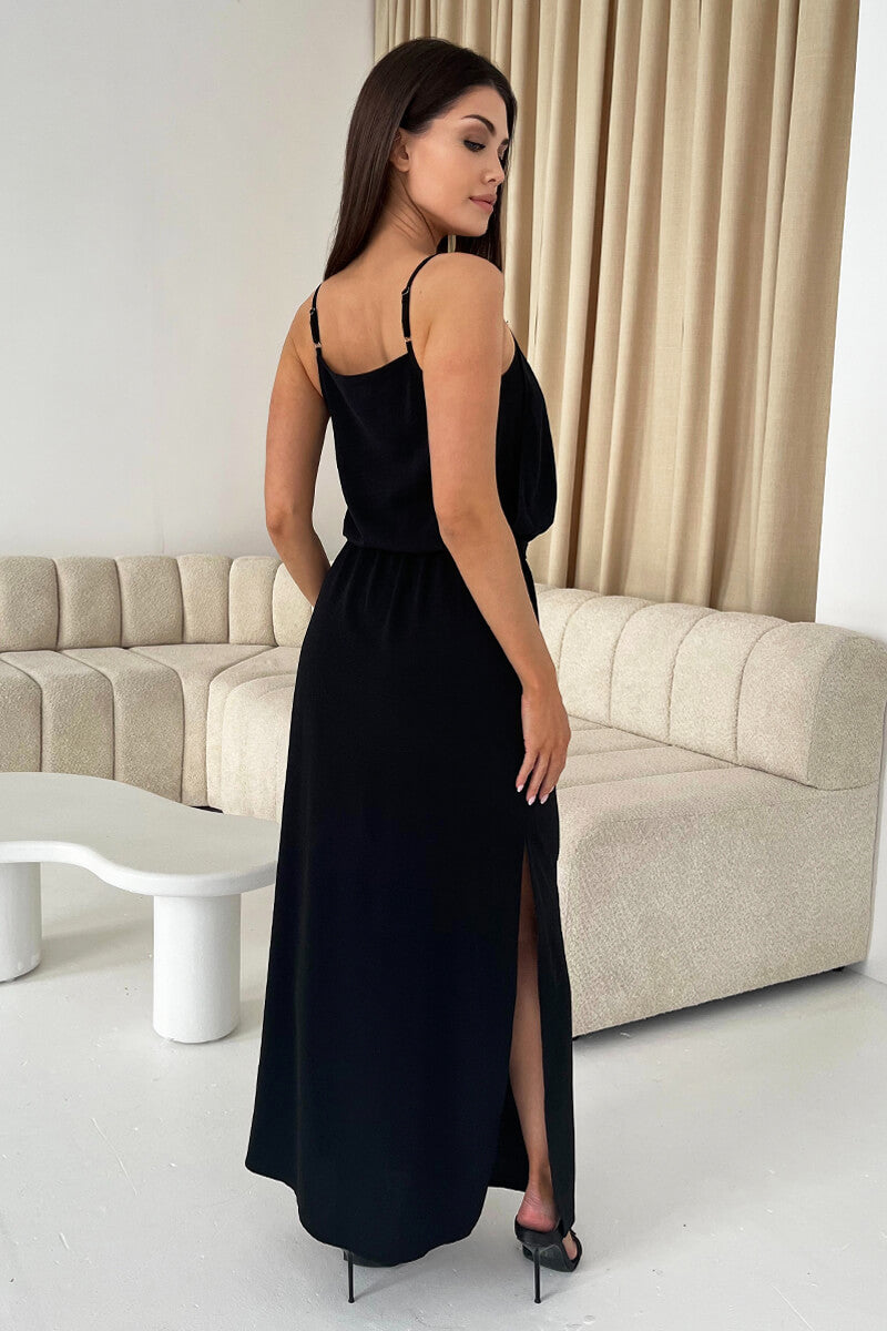 Black Tie Waist Strappy Split Leg Midi Dress