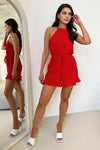 Red Halter Neck Tie Waist Playsuit