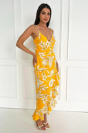 Yellow Floral Printed Strappy High Low Frill Hem Midi Dress