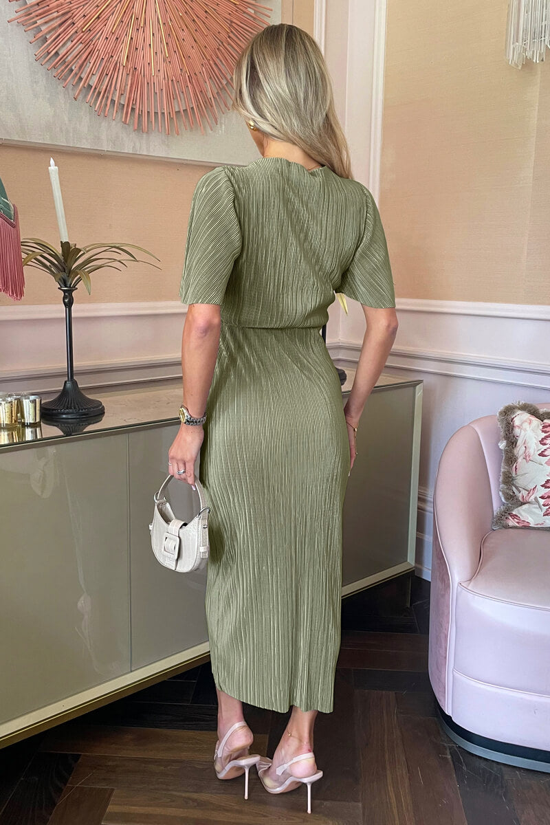 Light Khaki Short Sleeve Plisse Wrap Midi Dress