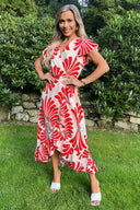 Burnt Orange Abstract Print Wrap Over High Low Frill Hem Midi Dress