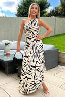 Black and Cream Printed One Shoulder Pleated Satin Midi Dress