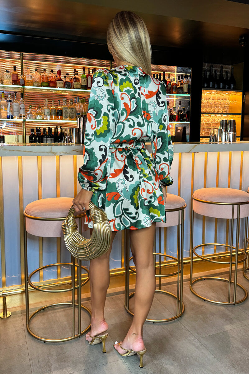 Green Abstract Print Long Sleeve Belted Skater Mini Dress