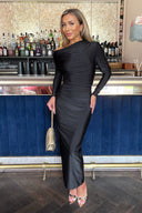 Black Off The Shoulder Long Sleeved Draped Midi Dress