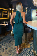 Teal Halter Neck Ruched Bodycon Midi Dress