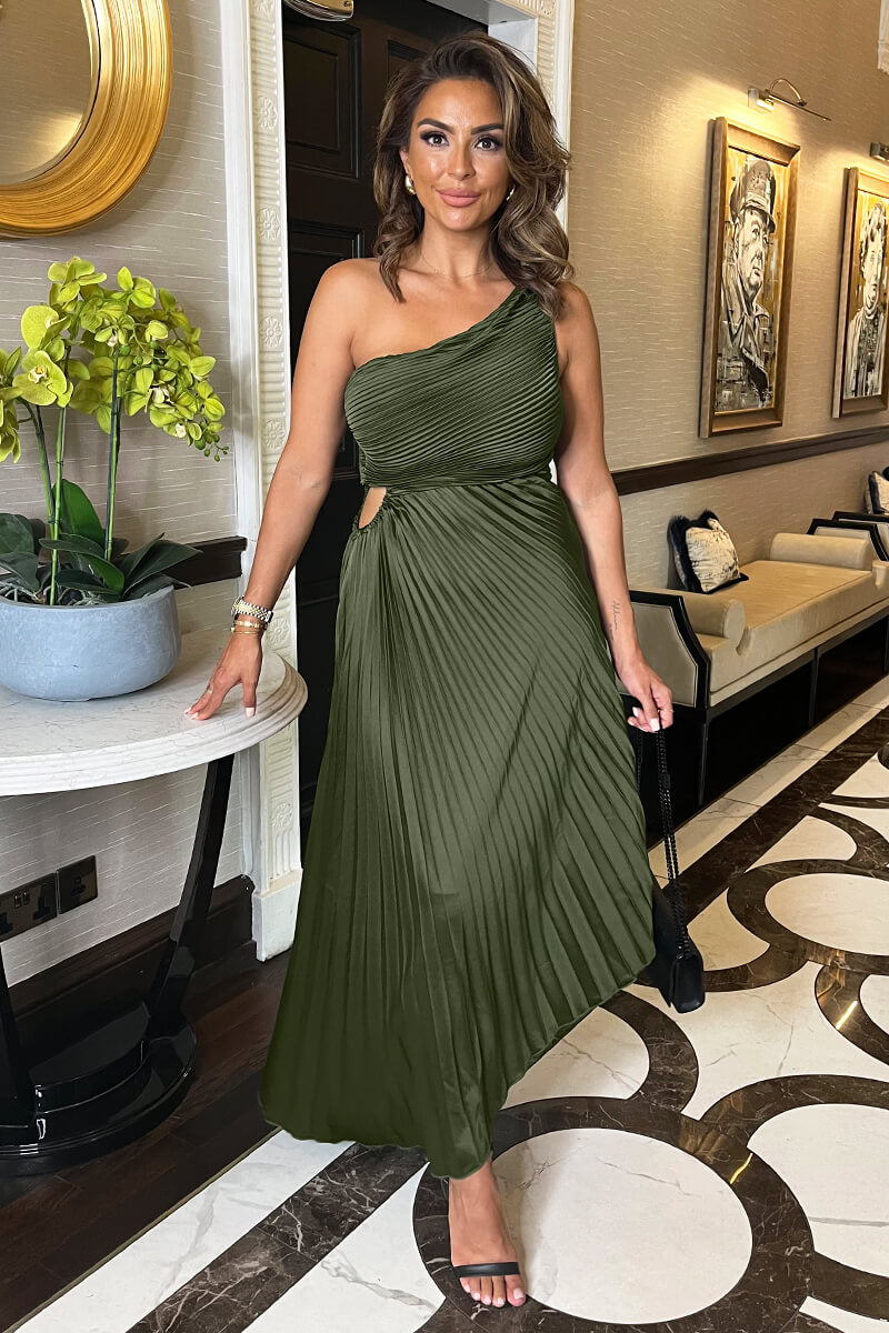 Olive One Shoulder Pleated Satin Midi Dress