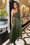 Olive One Shoulder Pleated Satin Midi Dress