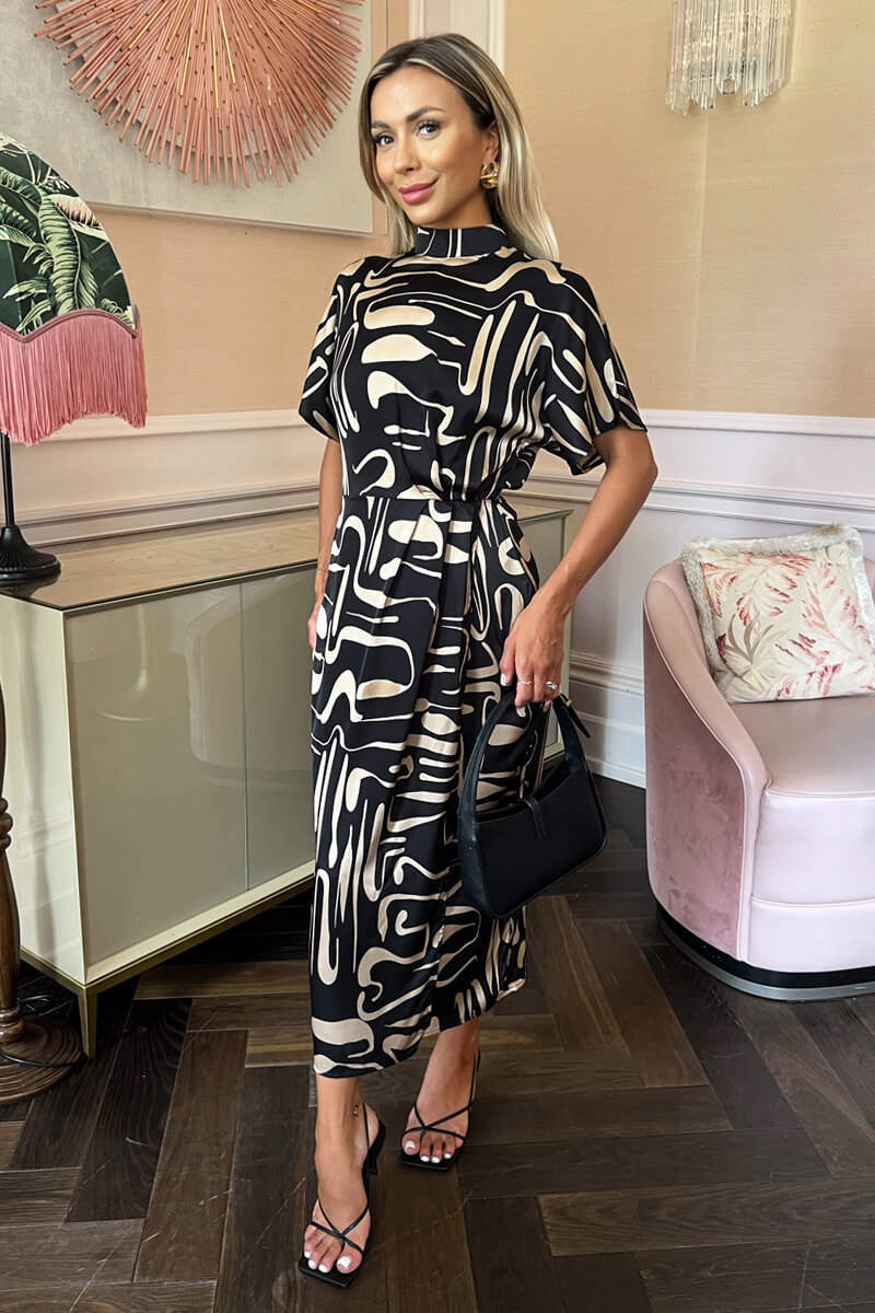 Black Geometric Pattern High Neck Wrap Skirt Midi Dress