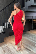 Red One Shoulder Asymmetric Hem Ruched Midi Dress