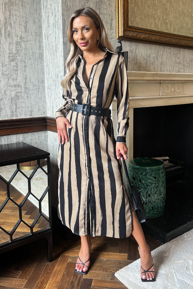 Beige Striped Print Button Front Belted Shirt Midi Dress