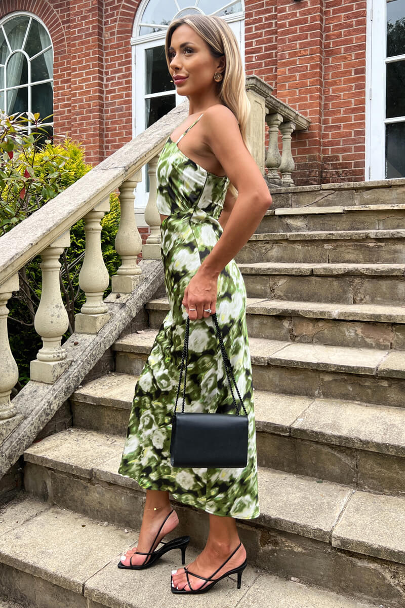 Green Printed Asymmetric Cut Out Midi Dress