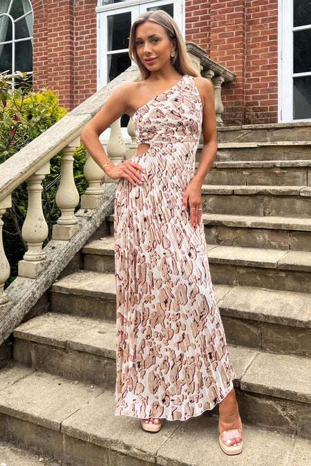 Cream Printed One Shoulder Pleated Midi Dress