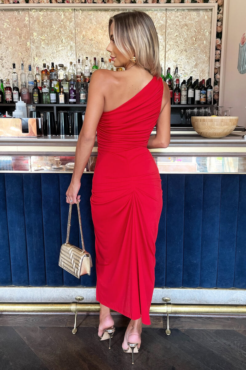 Red One Shoulder Knot Skirt Midi Dress