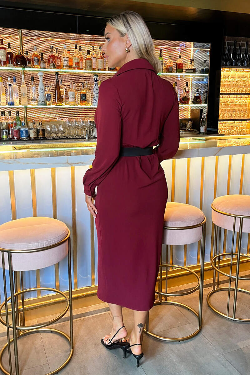 Wine Belted Wrap Midi Shirt Dress