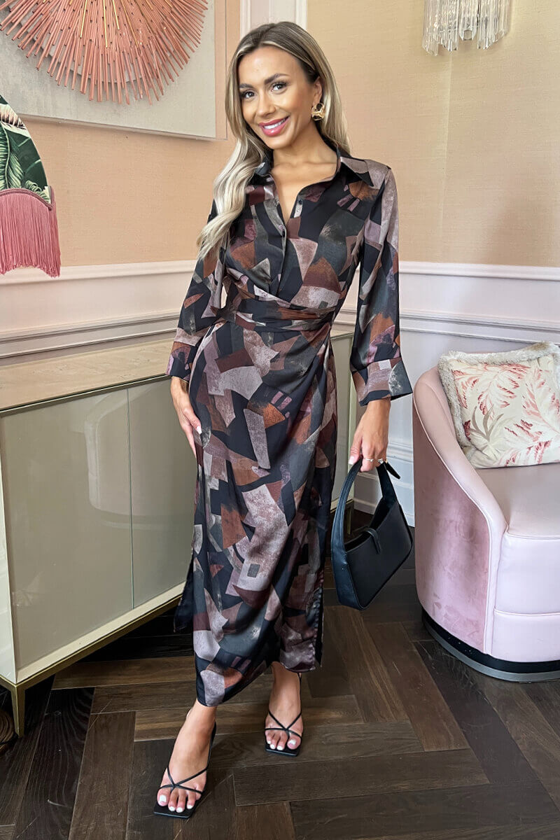 Multi Abstract Print 3/4 Sleeve Shirt Midi Dress