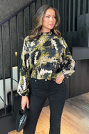 Khaki Smudge Print Long Sleeve Ruffle Neck Top