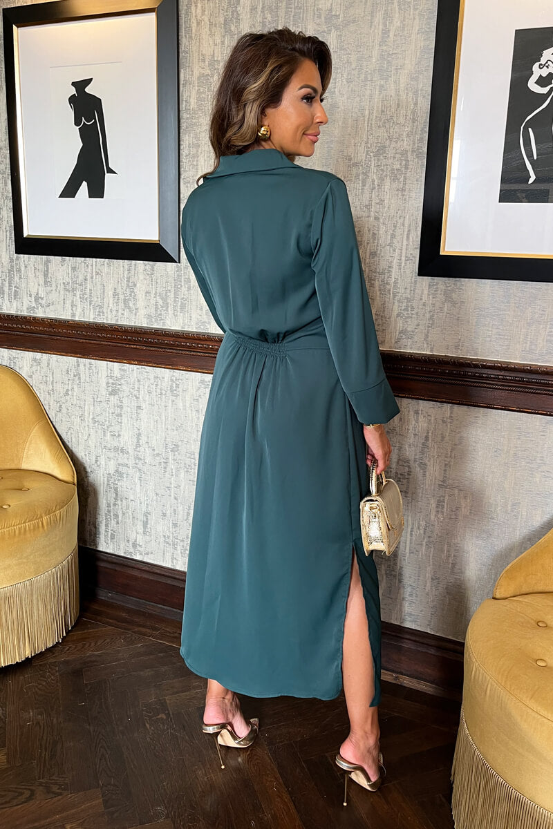 Teal 3/4 Sleeves Gathered Waist Shirt Midi Dress