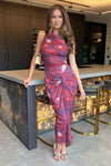 Red Tie Dye Print One Shoulder Knot Skirt Mesh Midi Dress