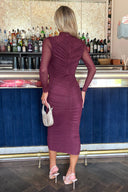 Plum High Neck Long Sleeve Ruched Bodycon Mesh Midi Dress