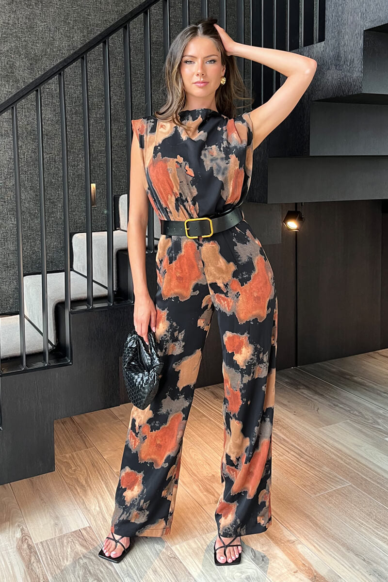 Multi Smudge Print Belted Wide Leg Jumpsuit