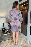 Taupe 3/4 Sleeves Gathered Waist Detail Satin Mini Dress