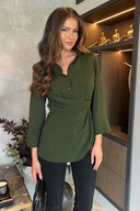 Olive 3/4 Sleeves Collared Gathered Waist Top