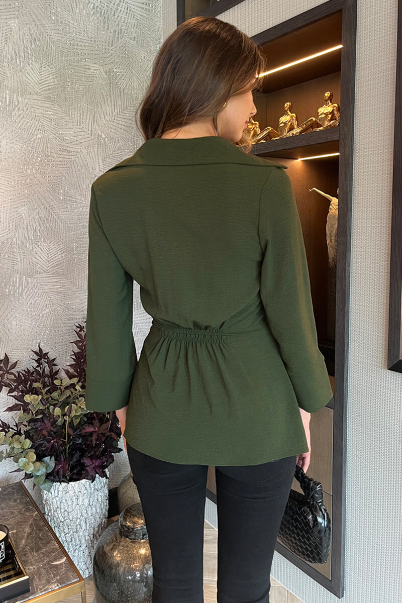 Olive 3/4 Sleeves Collared Gathered Waist Top